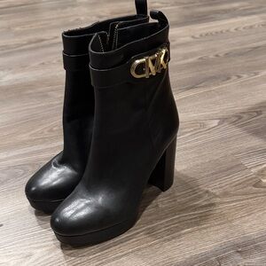 Michael Kors Black Leather Ankle Boots with Gold Accent, Women’s 9M